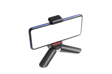 Transparent screen martphone on table tripod isolated