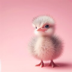 Сute fluffy white baby ostrich bird toy on a pastel pink background. Minimal adorable animals concept. Wide screen wallpaper. Web banner with copy space for design.