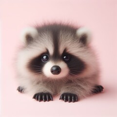 Сute fluffy baby raccoon toy on a pastel pink background. Minimal adorable animals concept. Wide screen wallpaper. Web banner with copy space for design.