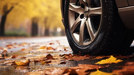 Fotobehang Leaf covered wheels of a car on a wet autumn road © Black