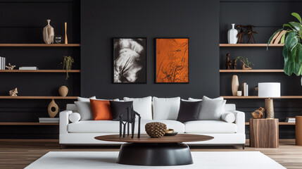 Deco Drama: White Sofa Against Stylish Black Wall in Contemporary Interior