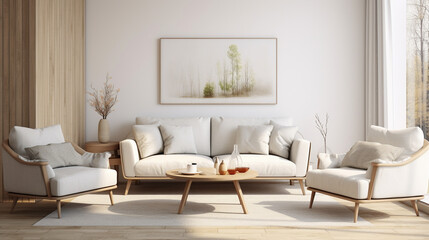 Fototapeta na wymiar Scandinavian Serenity: Modern Living Room with White Sofa and Coordinated Armchairs