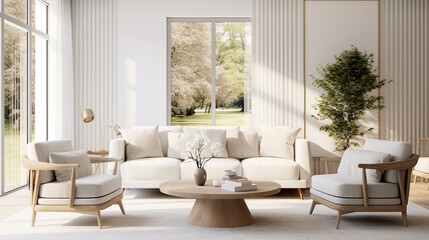 Scandinavian Serenity: Modern Living Room with White Sofa and Coordinated Armchairs