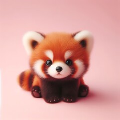 Obraz premium Сute fluffy baby red panda toy on a pastel pink background. Minimal adorable animals concept. Wide screen wallpaper. Web banner with copy space for design.