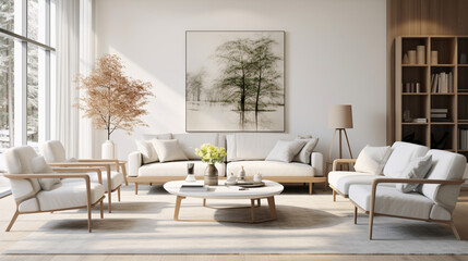 Clean Elegance: White Sofa and Armchairs in Scandinavian-Styled Living Room
