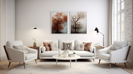 Fototapeta na wymiar Elegant Fusion: Scandinavian Boho Living Room with White Sofa and Artful Wall