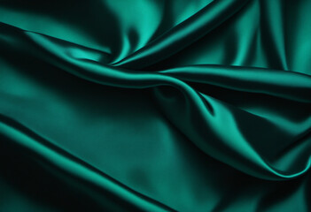 Obraz premium Green silk satin velvet. Wavy soft folds. Smooth. Shiny fabric. Luxurious dark teal background with copy space for design. Table top view. Flat lay. Empty. Template.