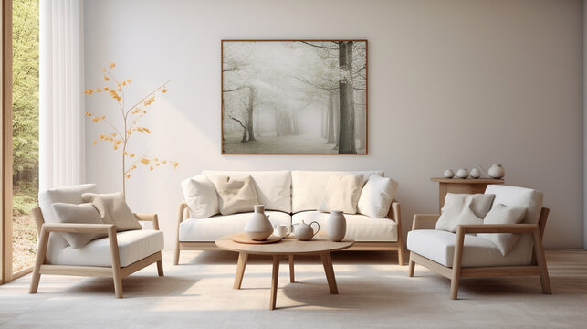 Clean Elegance: White Sofa and Armchairs in Scandinavian-Styled Living Room