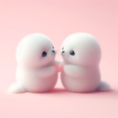 Couple of cute fluffy white baby fur seal toys with heart-shaped figurine on a pastel pink background. Saint Valentine's Day love concept. Wide screen wallpaper. Web banner with copy space for design. - obrazy, fototapety, plakaty