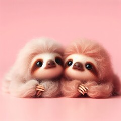 Couple of cute fluffy baby sloth toys lying on a pastel pink background. Saint Valentine's Day love concept. Wide screen wallpaper. Web banner with copy space for design.