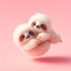Couple of cute fluffy white baby sloth toys soaring on a pastel pink background. Saint Valentine's Day love concept. Wide screen wallpaper. Web banner with copy space for design. - obrazy, fototapety, plakaty