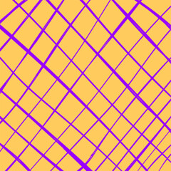 Hand drawn cute grid. doodle yellow, purple, violet plaid pattern with Checks. Graph square background with texture. Line art freehand grid vector outline grunge print