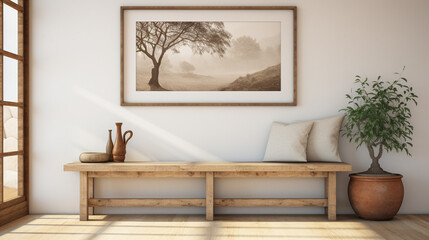 Ethnic Elegance: White Wall, Wooden Bench, and Poster Frame in Farmhouse Entrance