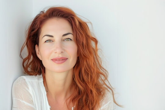 belle femme auburn aux yeux vert sur fond blanc