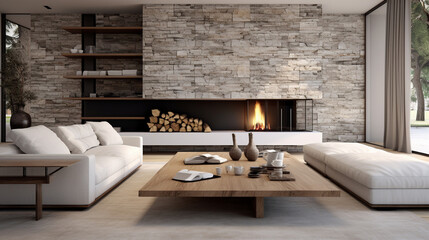 Serenity in Simplicity: Stone Cladding Wall and Live Edge Coffee Table in Modern Living Room