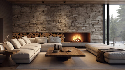 Minimalist Luxury: Wooden Live Edge Coffee Table Between White Sofas in Villa Living Room