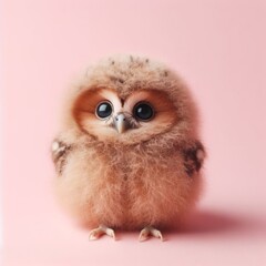 Сute fluffy baby tawny owl bird toy on a pastel pink background. Minimal adorable animals concept. Wide screen wallpaper. Web banner with copy space for design.