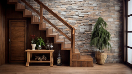 Fototapeta na wymiar Country Elegance: Cozy Entrance Hall with Wooden Staircase and Stone Wall