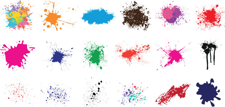 Paint splatter, vibrant colors, white background - perfect for designs, decorations. Unique splatters, variety, versatility for creative projects.  Liquid, wet paint spread out irregularly