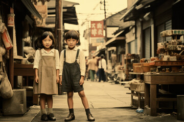 Fototapeta na wymiar 古いアルバムにあるような子供の写真、架空の昭和、Nostalgic old photos from the Showa era in Japan. A 6-year-old boy, a girl, and a downtown scene. A fictional town.Generative AI