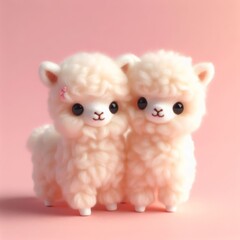 Couple of cute fluffy white baby alpaca toys on a pastel pink background. Saint Valentine's Day love concept. Wide screen wallpaper. Web banner with copy space for design.
