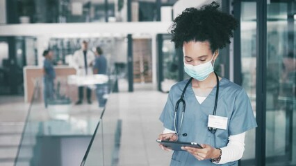 Woman, doctor and tablet with mask for research, communication or networking at hospital. Female person, nurse or surgeon with technology for online search, social media or Telehealth at clinic - Powered by Adobe
