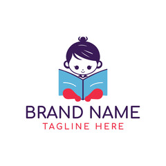 Cute boy reading book logo design 
