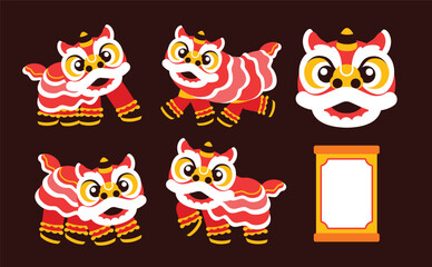 Set of lion dance, chinese new year elements in modern minimalist geometric style. Colorful illustration in flat vector cartoon style. Cute chinese lion costume on red isolated background.