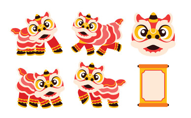 Set of lion dance, chinese new year elements in modern minimalist geometric style. Colorful illustration in flat vector cartoon style. Cute chinese lion costume on white isolated background.