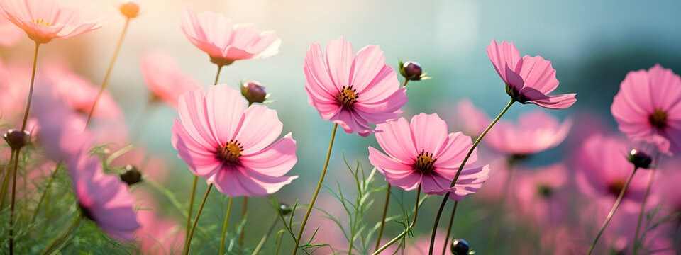 Field of pink and white cosmos under a blue sky with scattered clouds