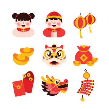Chinese new year elements in modern minimalist geometric style. Colorful illustration in flat vector cartoon style. Cute chinese objects, elements on white isolated background. Dragon year.