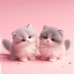 Couple of cute fluffy gray baby kitten toys on a pastel pink background. Saint Valentine's Day love concept. Wide screen wallpaper. Web banner with copy space for design. - obrazy, fototapety, plakaty