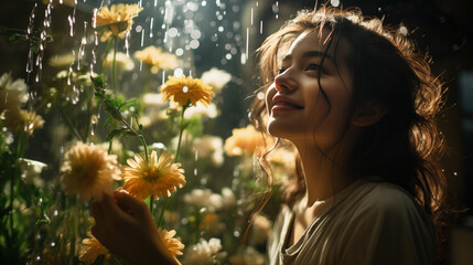 Teenage girl admiring flowers sitting in the rain