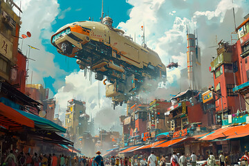 Future world technology, AI tools, Robo,  Out side, day time, lots of peoples, vehicles, buildings, cloudy Sky, fresh vibe