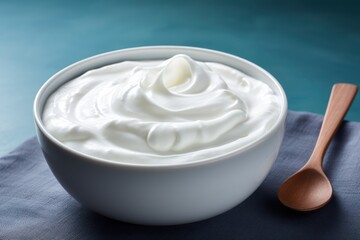 Greek yogurt in an empty space with a spoon. Generative Ai.