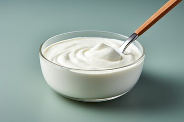 Fototapeta na wymiar Greek yogurt in an empty space with a spoon. Generative Ai.