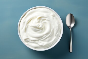 Greek yogurt in an empty space with a spoon. Generative Ai.