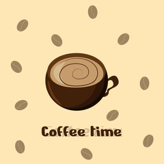 A cute cup of coffee with coffee beans. Logo ideas. Espresso or cappuccino in a tiny cup