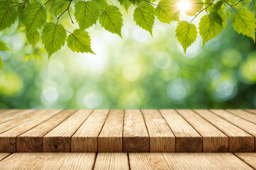 Mockup backdrop for product placement of a wooden table with a blurred green leafy background. 