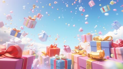 happy greeting festive cheerful celebration background with many gift boxes, the overall tone is bright and cheerful looking up and radiating composition realistic style fantasy