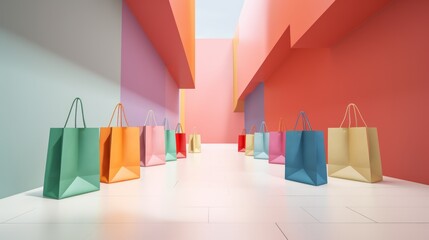 summertime shopping ideas concept 
A brightly coloured shopping paper bags with interior space in an empty space lifestyle activity background