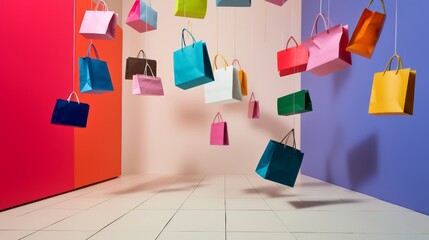 summertime shopping ideas concept 
A brightly coloured shopping paper bags with interior space in...