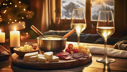 vacances hiver loisirs montagne ski repas diner chalet fondue raclette convivial chaleureux fromage charcuterie verre - obrazy, fototapety, plakaty