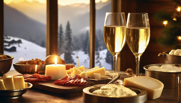 fondue raclette, repas d&icirc;ner convivial et chaleureux, fromage et charcuterie