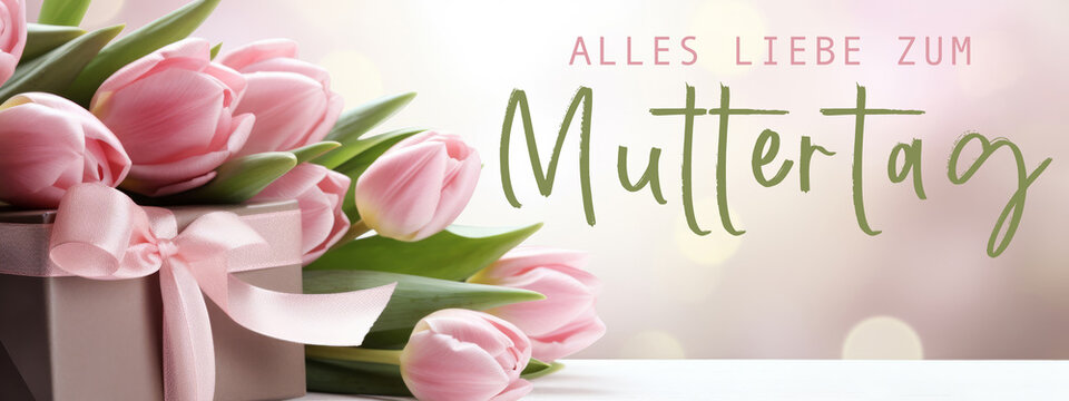 Alles Liebe zum Muttertag Feiertag Gru&szlig;karte mit deutschem Text - Blumenstrauss aus pinken Tulpen und Geschenkbox Geschenk auf Holz Tisch Hintergrund