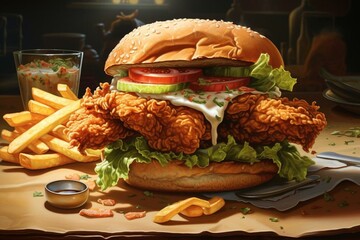 Artistic depiction of a delicious, crunchy poultry sandwich. Generative AI