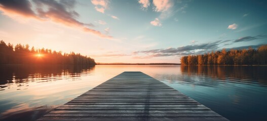 Tranquil lake sunrise view from wooden pier. Serenity and nature.