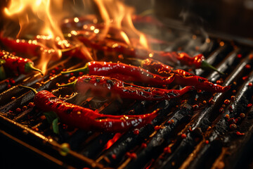 Red chili peppers grilling on a flaming grill, surrounded by smoke and fire, highlighting the intense heat and flavor of the spicy ingredient.