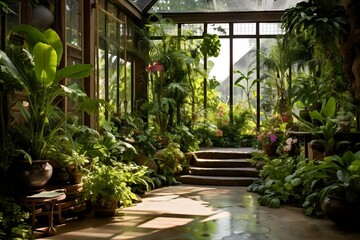 Fototapeta na wymiar Interior of a beautiful botanical garden with flowers and plants.