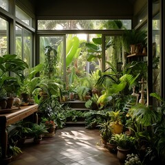 Fototapeta na wymiar Interior of a beautiful botanical garden with flowers and plants.